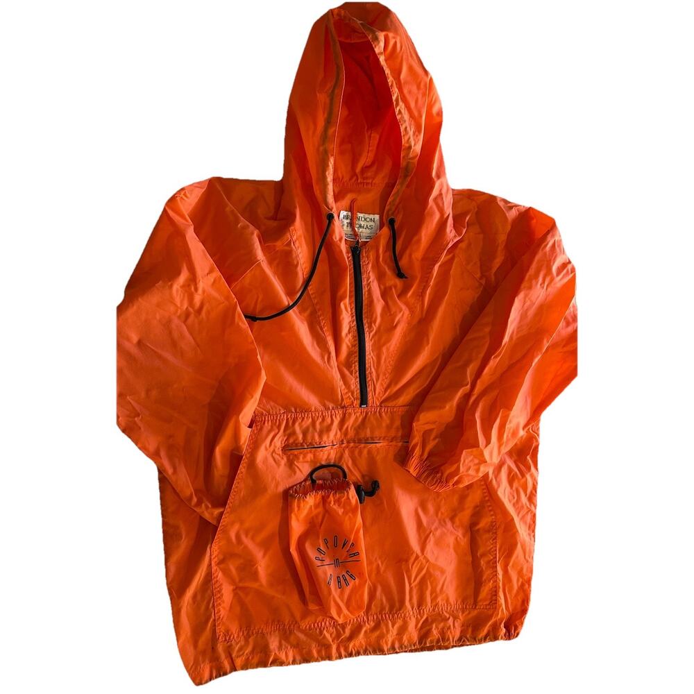 Brandon Thomas Orange Raincoat Windbreaker Kangaroo Pocket Packable Sz L Unisex